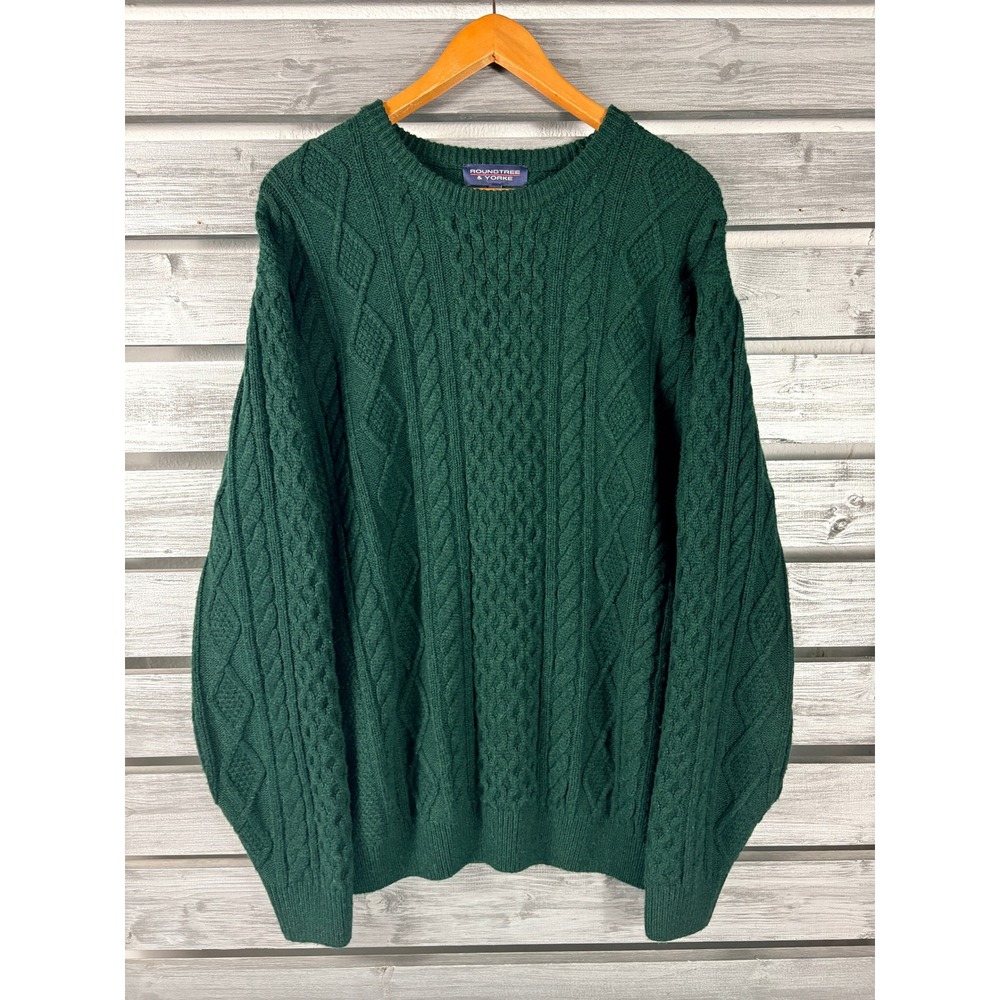 Roundtree & Yorke Mens XL Forest Green Cable Knit Fisherman Wool Blend Sweater